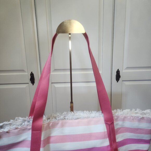 Victoria Secret Large Pink Orange Canvas Striped Beach Tote Bag - Picture 7 of 14